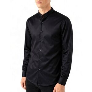 Eton Band Collar Dress Shirt Slim 16/41 Large Dark Navy Black 100% Cotton Twill